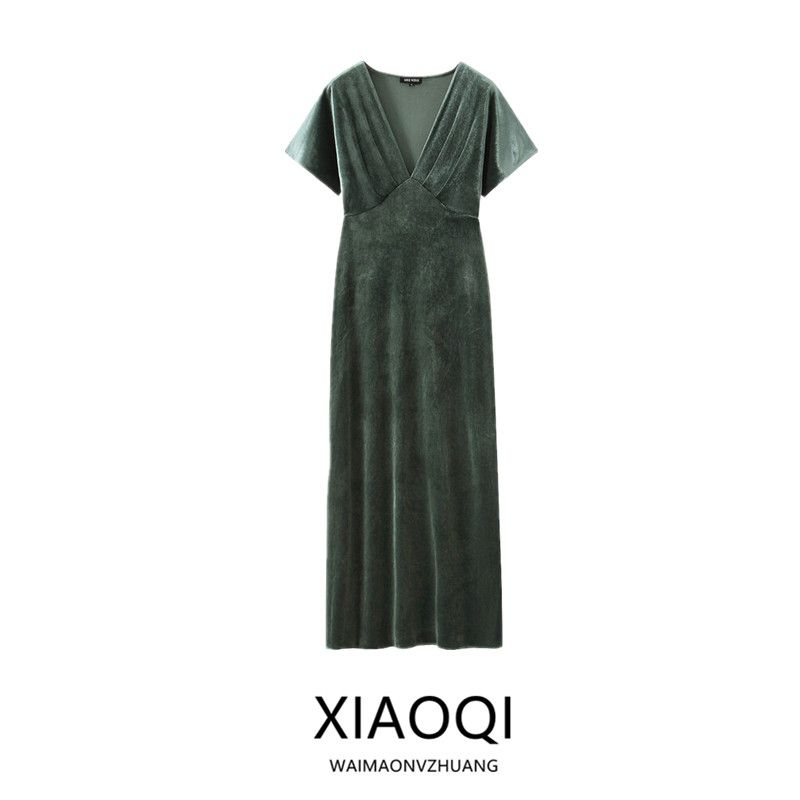 Fashion Style 2024 Fall and Winter New Women's Velvet Elegance Short Sleeve and Long Pattern Midi Skirt Dress 9371617