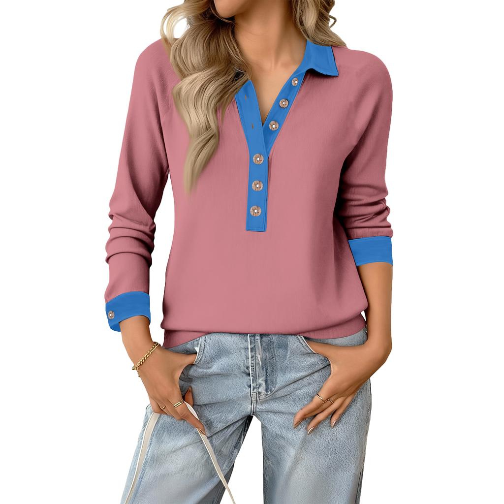 Women's Retro Street Lazy Denim Collar Long Sleeve Pullover Patchwork Knit Top