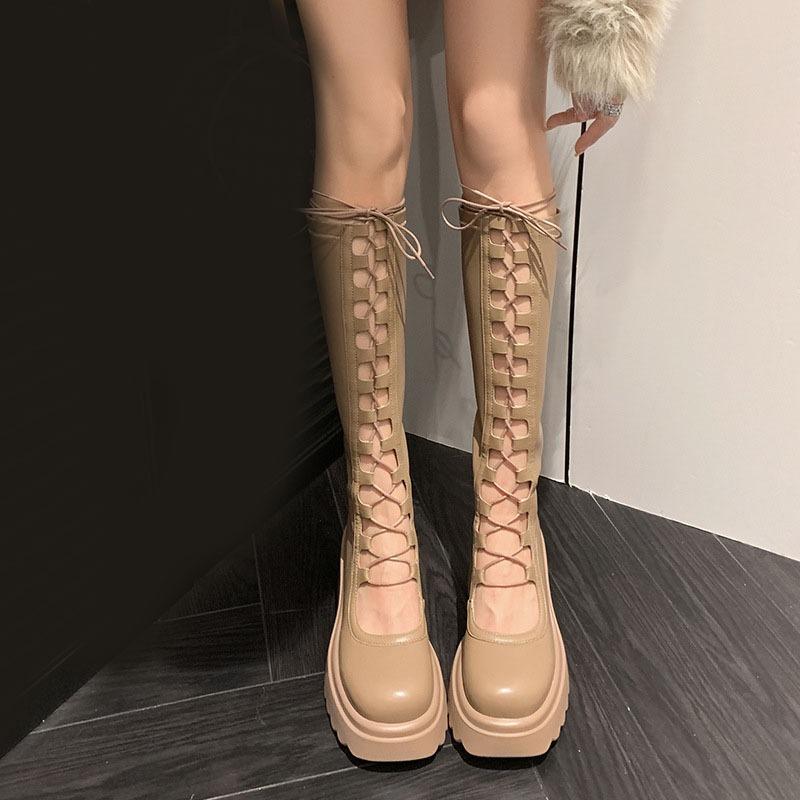 Fashion Comemore Summer Women High Boots Fashion Lace Up Platform Heel Shoes Ladies Elegant Women's Black Hollow Out Cool Knight Botas