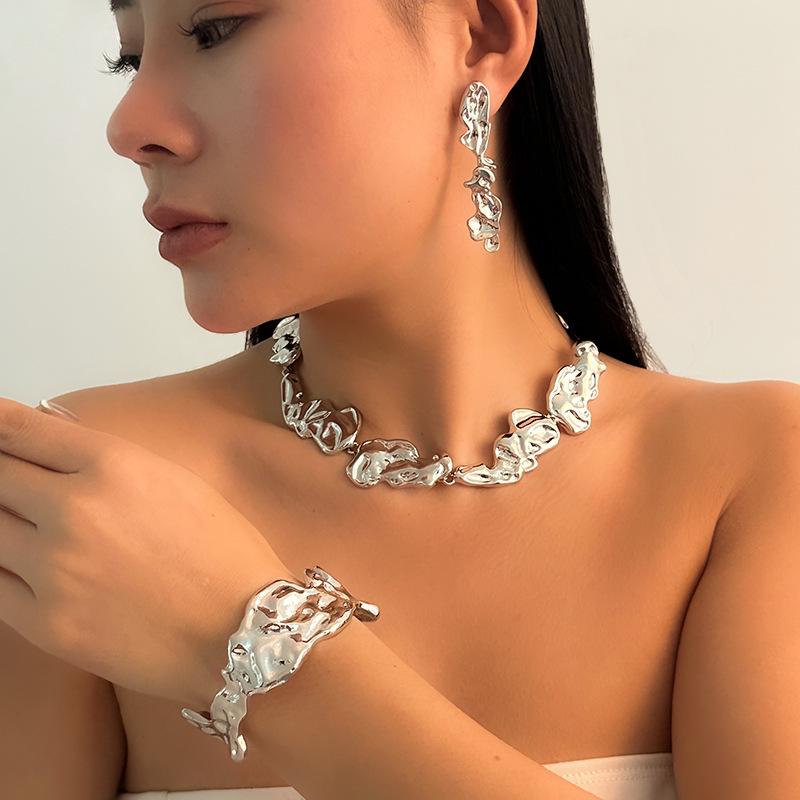 European & American Molten Lava Metal Necklace & Earrings Set: Irregular, Versatile, Exaggerated Design