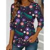 Women's purple floral print long-sleeved loose-fitting round neck top, casual everyday style with an elegant design.