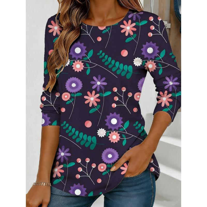 Women's purple floral print long-sleeved loose-fitting round neck top, casual everyday style with an elegant design.