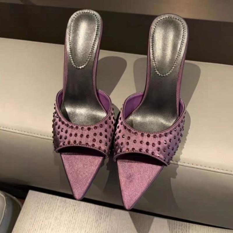 Módní Křišťálové Pantofle na Vysokém Podpatku Špičaté Sandály na Podpatku Dámské Boty 2025 Léto Nové Módní Jehlové Lodičky Šaty Zapatillas De Mujer