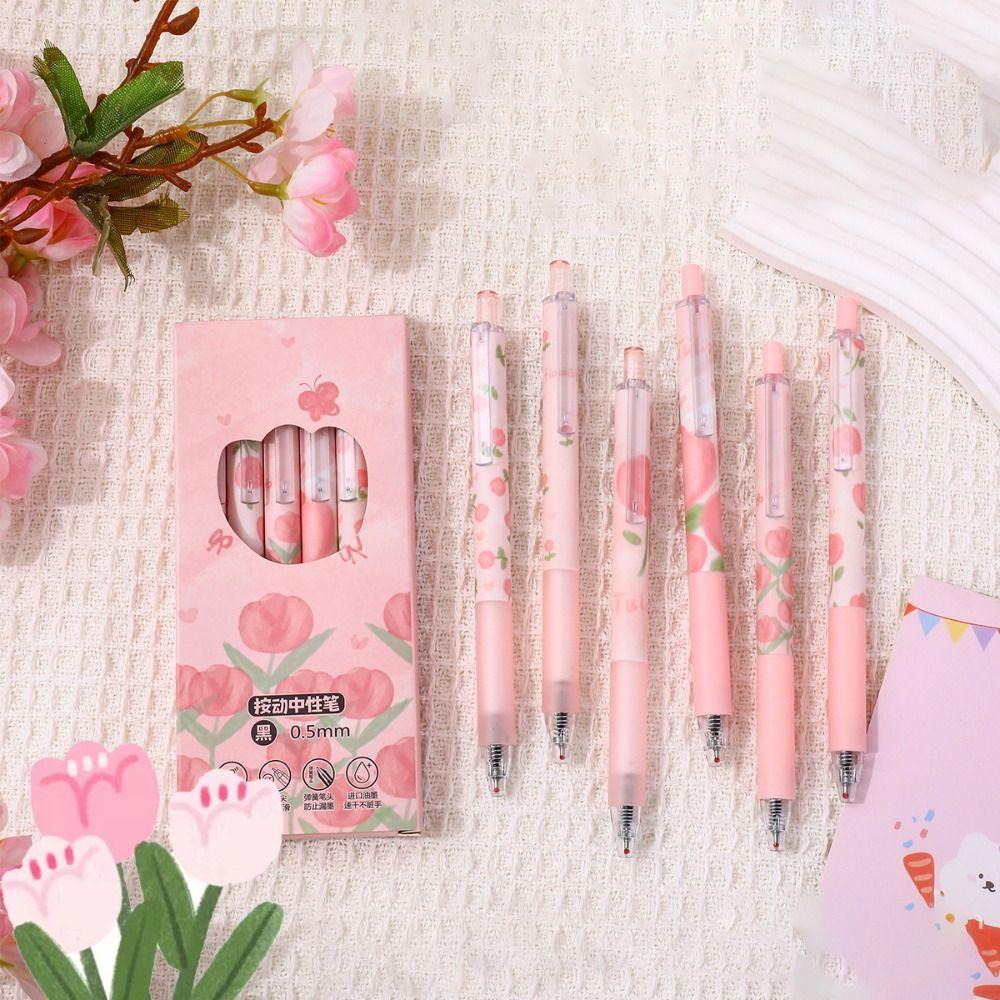 6 Stück/Box Rosa Tulpe Gelstift Große Kapazität Druckstift Neuer Schwarzer Tintenstift Student