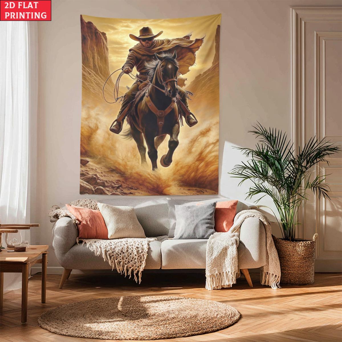 Cowboy Tapestry Western Art Wall Hanging Horse Rider Desert Scene Movie Poster Decor Ranch Style Home Decoration Adventure Theme 70x100cm28x39in