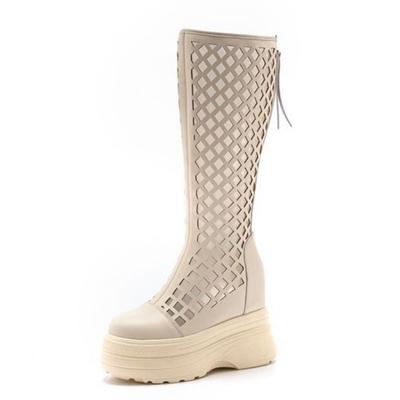 Fashion 11cm Cow Genuine Leather Fashion Breathable Sandals Hidden Heels Ankle Motorcycle Booties Knee High Platform Wedge Hollow Shoes