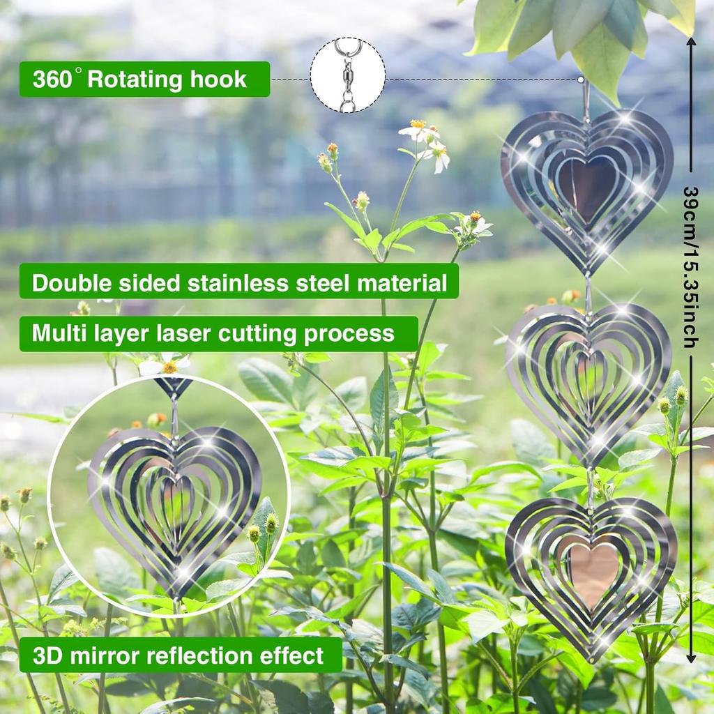 Bird Deterrents for Outside:Reflective Bird Scare Devices,3D Double-Sided Heart Wind Spinner Birds Scare Discs Set to Keep Pigeon and Woodpecker Away