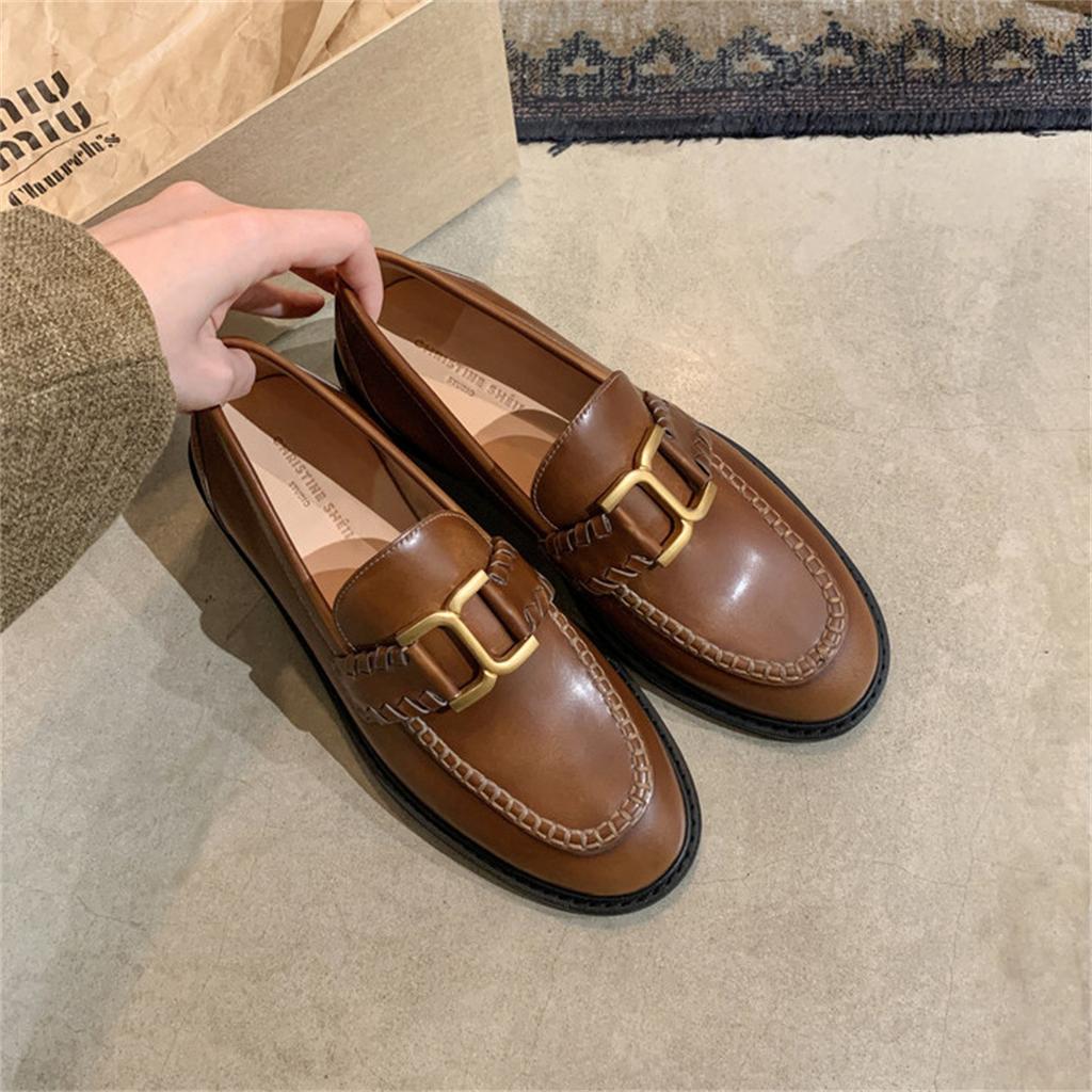 Cowhide version ~ Su Yinyin's same retro small gold buckle genuine leather thick sole is heightened and a foot of loafers women's small leather shoes