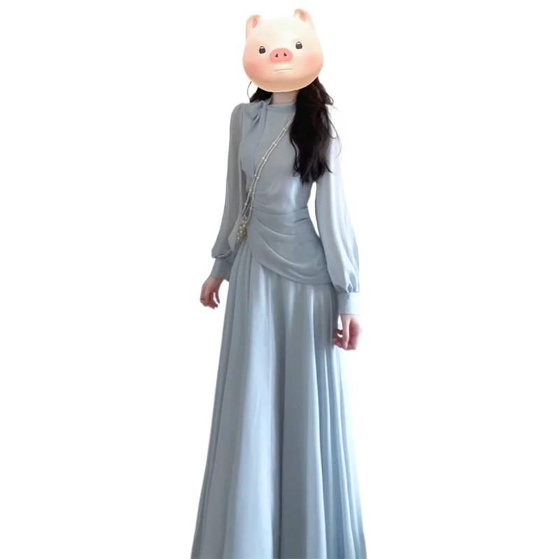 Early Autumn New Chinese Zen Blue Long-Sleeved Dress Set