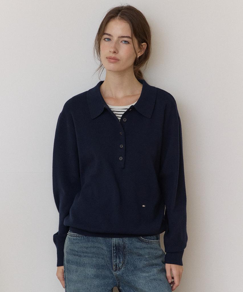 OURHOPE Essential Button Collar Knit - Navy