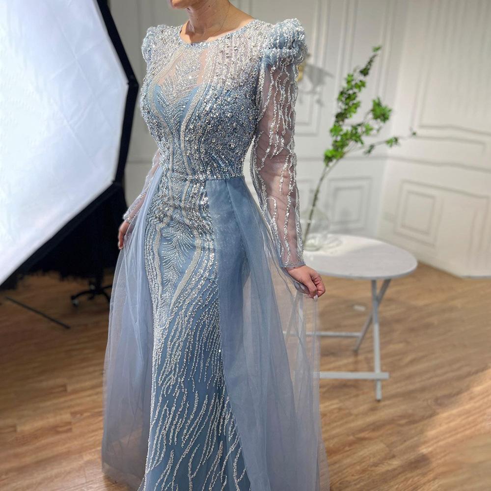 Blue high-end elegant long dress slim-fitting long-sleeved luxury bead hosting banquet performance dress LA11010