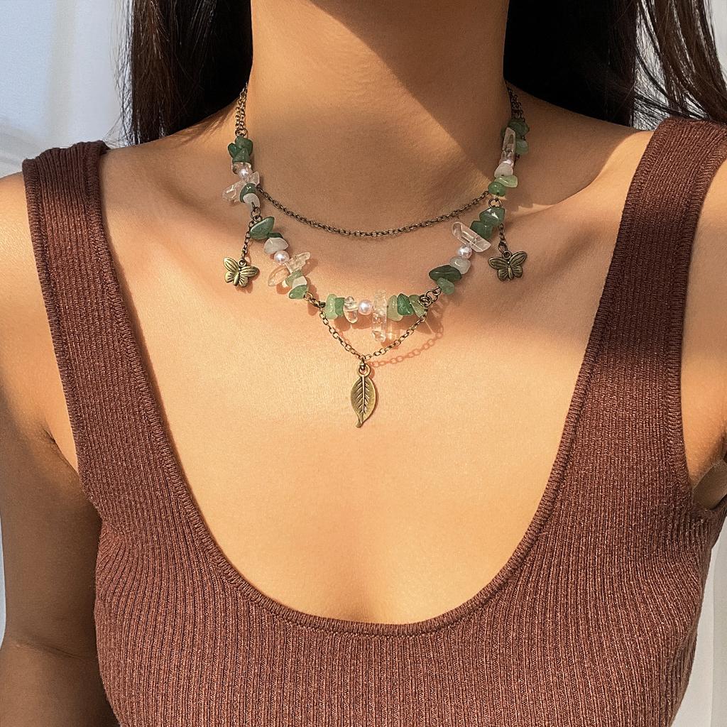 Sweet And Cool Holiday Wind Irregular Gravel Necklace Female Mint Diffuse Wave Wind Moon Pendant Stacked Necklace