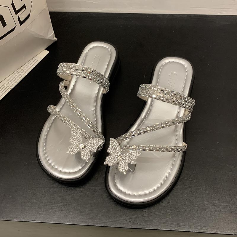 Beautiful Silver Cool Slippers Women's Summer Wear 2025 New Flat-bottomed Rhinestone Butterfly Cover Toe Two Wear Beach Slippers