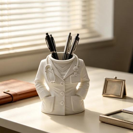 Doctor White Coat Pen Holder with Stethoscope Decoration Creative Desk Organizer for Medical Office Clinic Home Cute Gift for Doctors Nurses