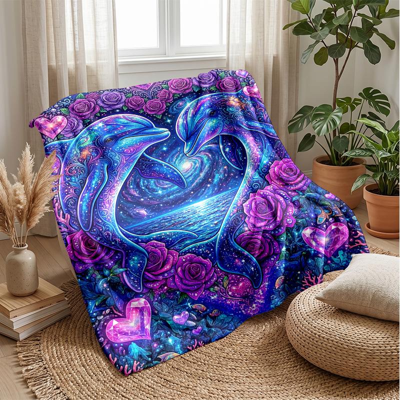Dolphins in Heartful Ocean Theme blanket Lightweight Warm Flannel Blanket Decorative Throw Blanket for Home Decoration