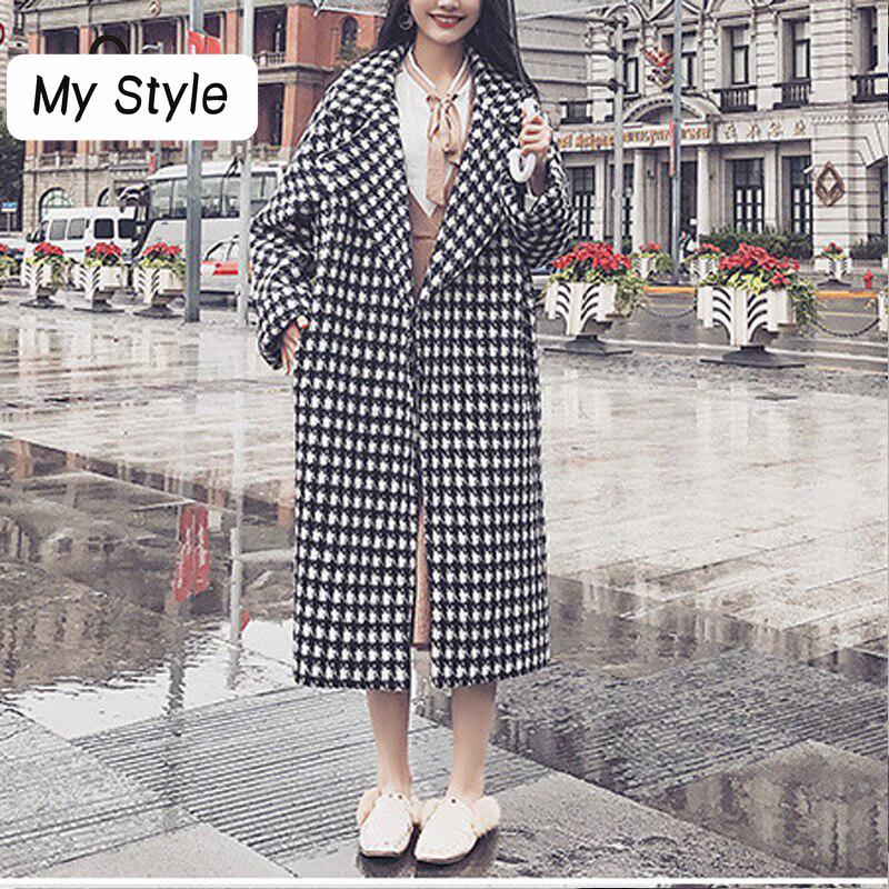 

Модное клетчатое пальто, женские свободные длинные шерстяные пальто, зимний Тренч, однобортное пальто