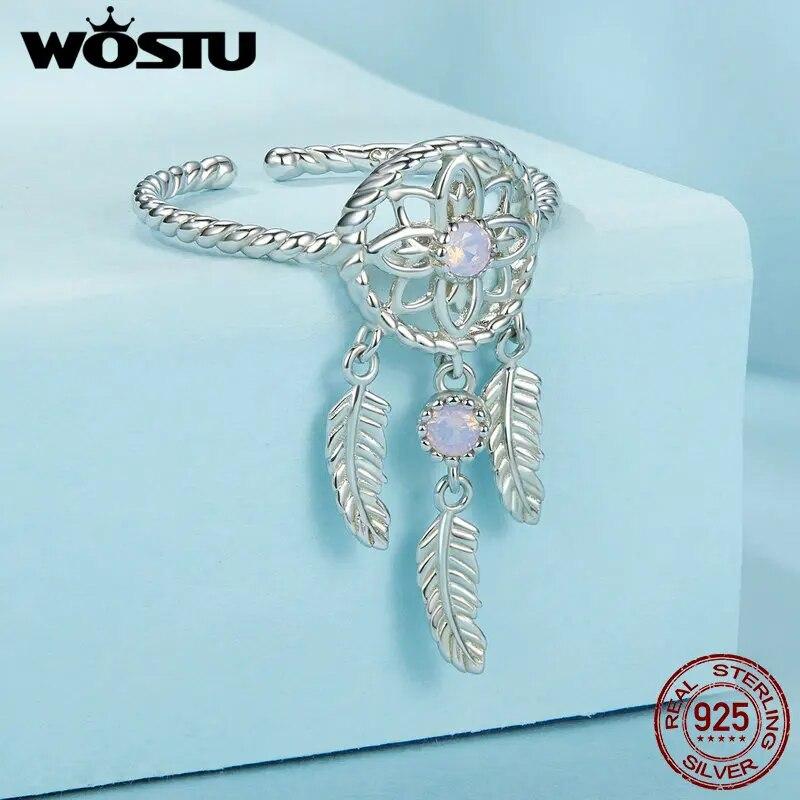 WOSTU 925 Sterling Silver Dreamcatcher Open Ring With Nano Opal Stone For Women Wedding Lucky Gift Fine Jewelry Boho Style