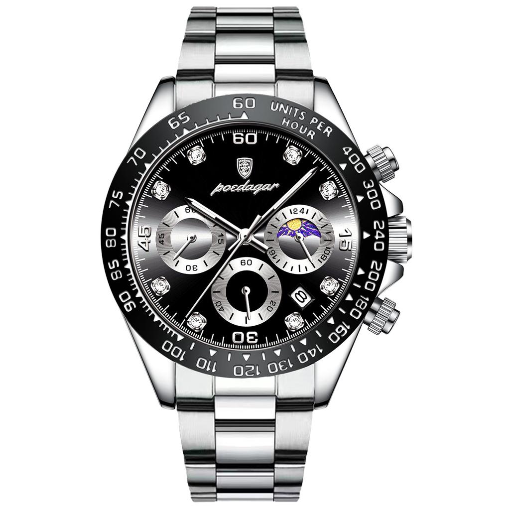 POEDAGAR 629 Sport Chronograph Men Watch Waterproof Luminous Quartz Watches Stainless Steel Watch for Men