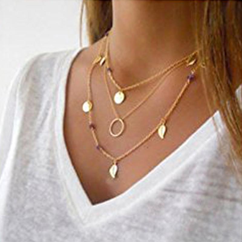 Sexy Bohemian Multilayer Gold Beads Leaf Ring Chain Chocker Necklace Jewelry 