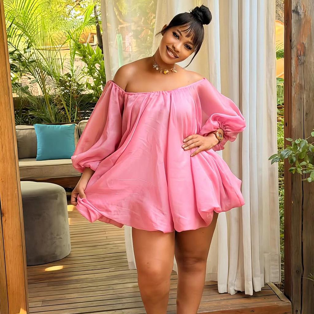 Plus Size Sexy One-Shoulder Puff Sleeve Dress - European & American Style Women's Fashion