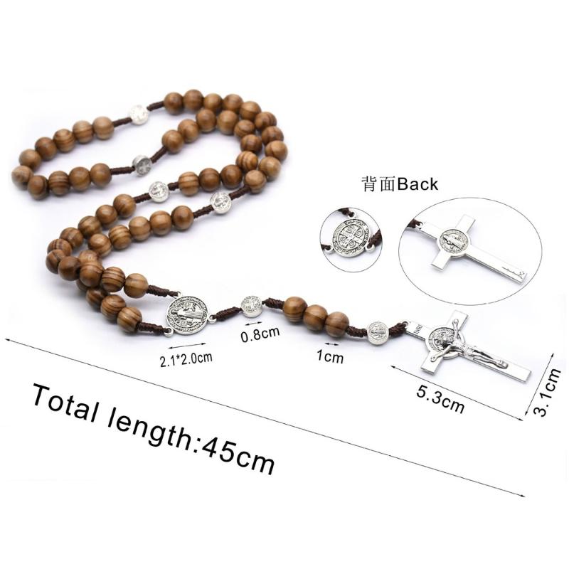 Hand-woven Exorcism Rosary Wood Beads Alloy Saint Benedict Retro Prayer Cross Car Ornament