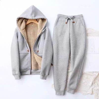 Women's Winter Padded Thickened Comfortable Leisure Simple Suit Solid Color Long-sleeved Hooded Top + Pants Two-piece Set