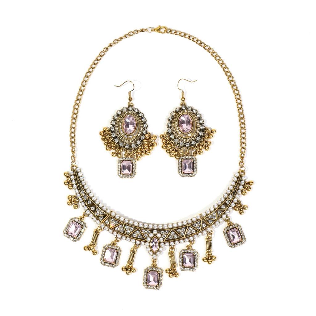 Retro Indian-Style Rhinestone Necklace & Earring Set with Tassel Clavicle Chain