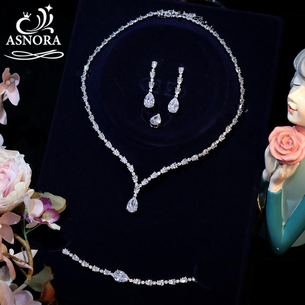 ASNORA High Quality Cubic Zirconia Bridal Wedding Jewelry Water Drop Necklace Lady Pendant Four Piece Set Party Accessories