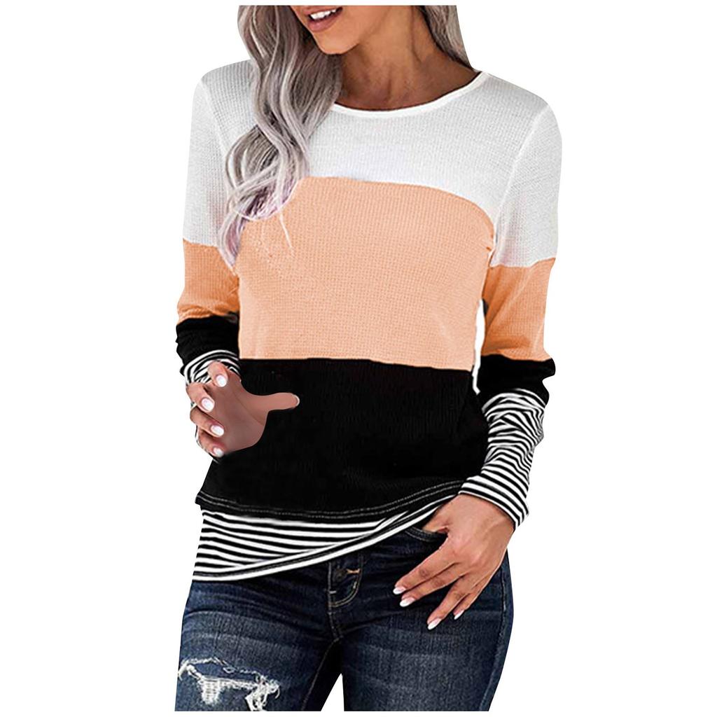 Winter Women's Long-Sleeved Striped Stitching Sweatershirt Tops
