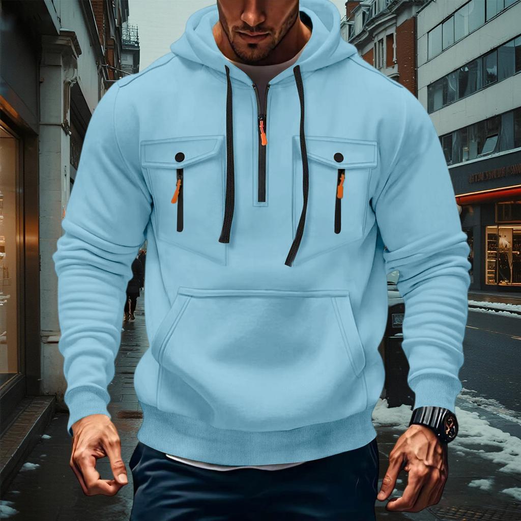 Men's Military Cargo Hoodies, Casual Quarter Zipper Pullover Tops With Multi Pockets