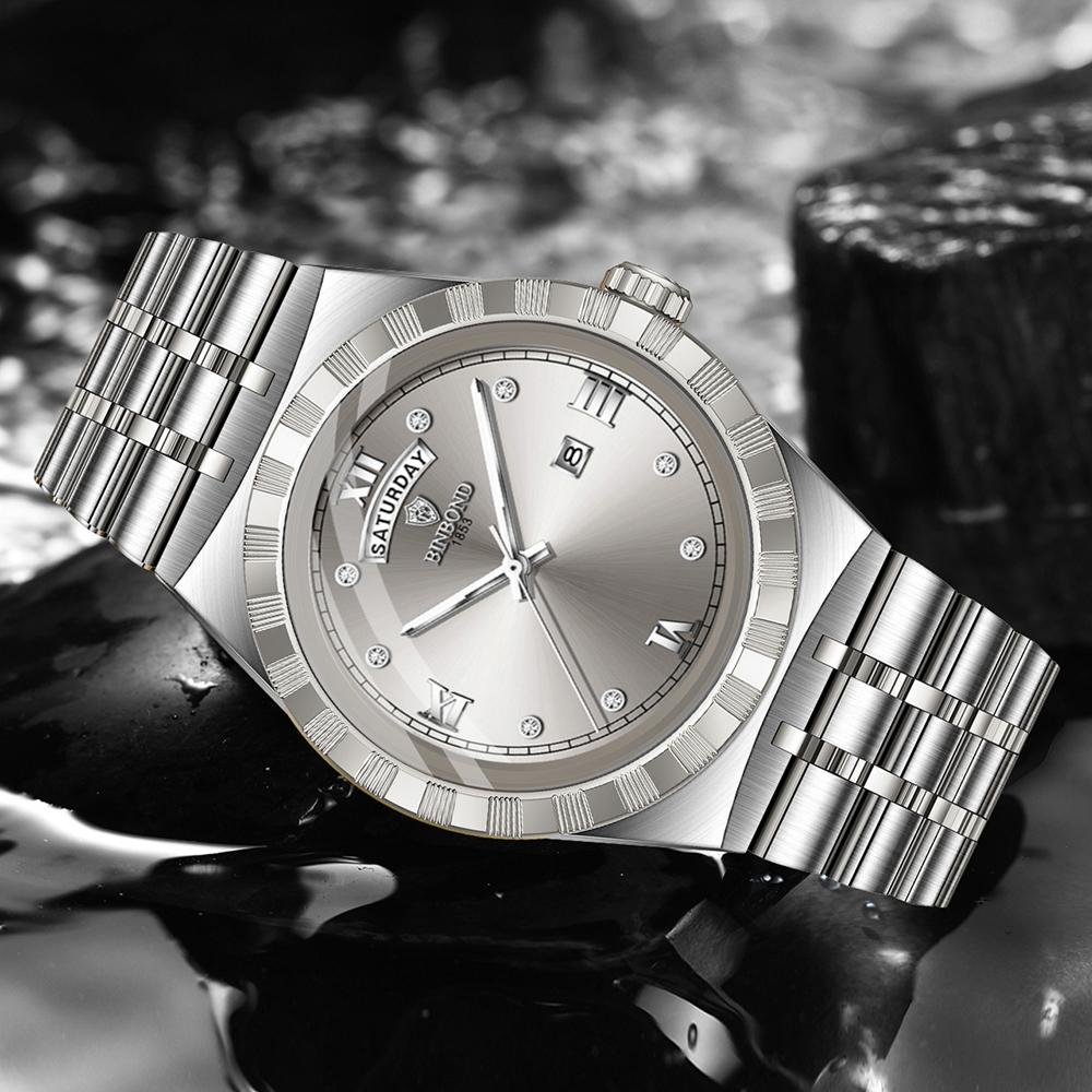 BINBOND Men's Watches Simple Fashion Original Quartz Watch for Man Texture Dial Stainless Steel Date Week Trend Dress Wristwatch