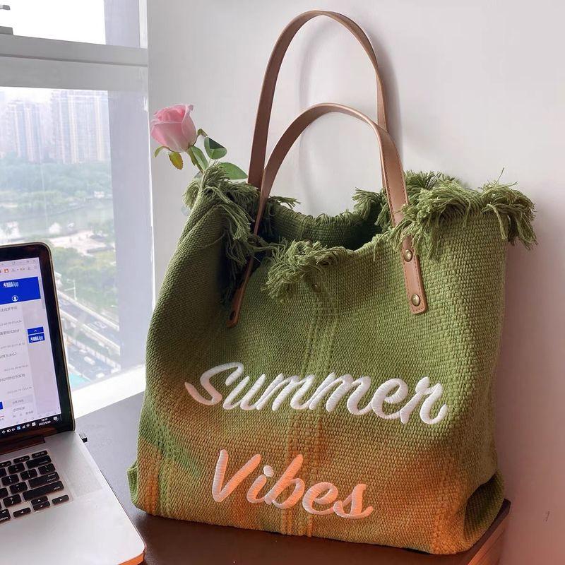 

Bag 2025 New Arrival Korean Letter Tassel Canvas Bag Women s Large Capacity Simple Commute Student Shoulder Tote Bag Green