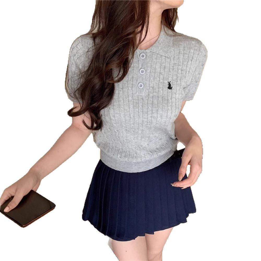 2025 Sommer Koreanischer Stil Polokragen Eisseide Gestrickte Kurzarm Damenbluse