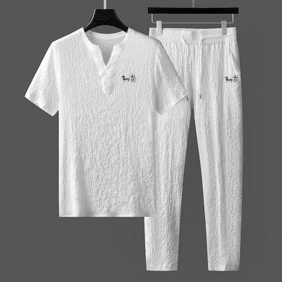 Men's Summer Breathable Lightweight Sports Suit V-neck Short Sleeve + Pants Two-piece Set
