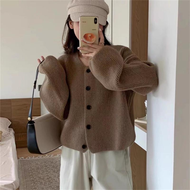 Autumn and winter new retro loose lazy wind knitted cardigan top women's solid color temperament versatile sweater jacket