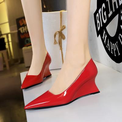 Slope Heeled Shoes for Women, High Heels, Slope Heels, Shallow Mouth, Pointed Toe, Patent Leather Single Shoes, Slope Heels