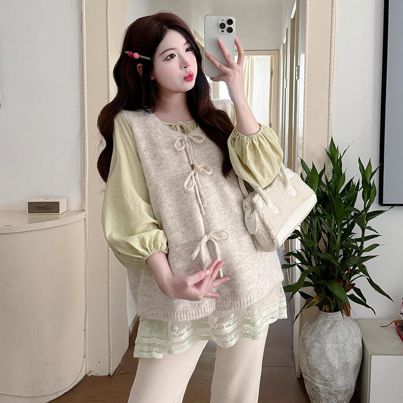 2025 Autumn Korean Lace Patchwork Maternity Top 2XL