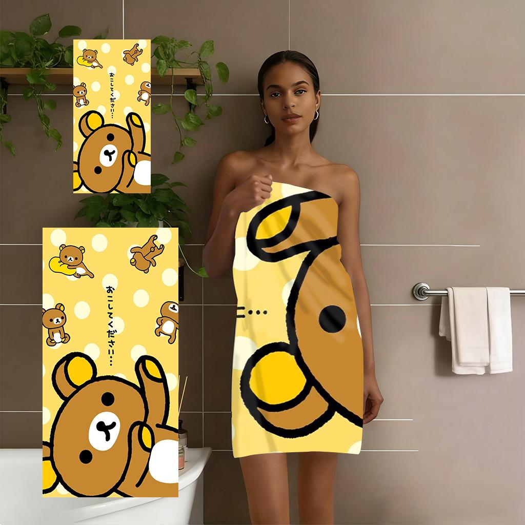 R-Rilakkuma Yellow Polka Dot Beach Towel, Cute Cartoon Bear Quick Dry Towel, for Swimming Pool, Travel, Camping and Daily Use