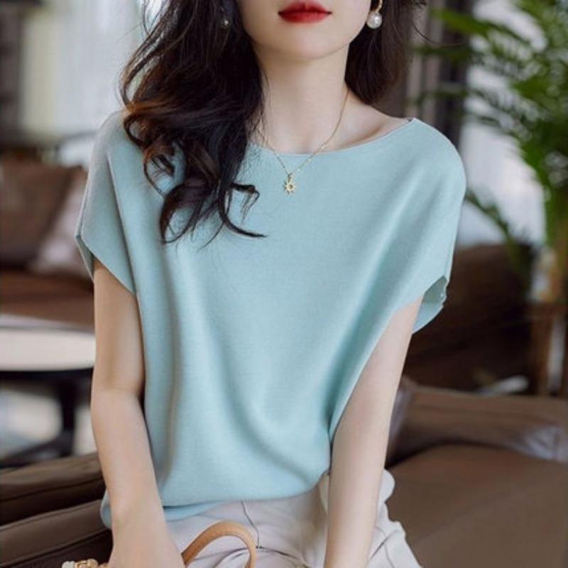 Ice Silk T-shirt for Women In Summer with Bat Sleeves Loose and Slimming Thin Knit Sweater
