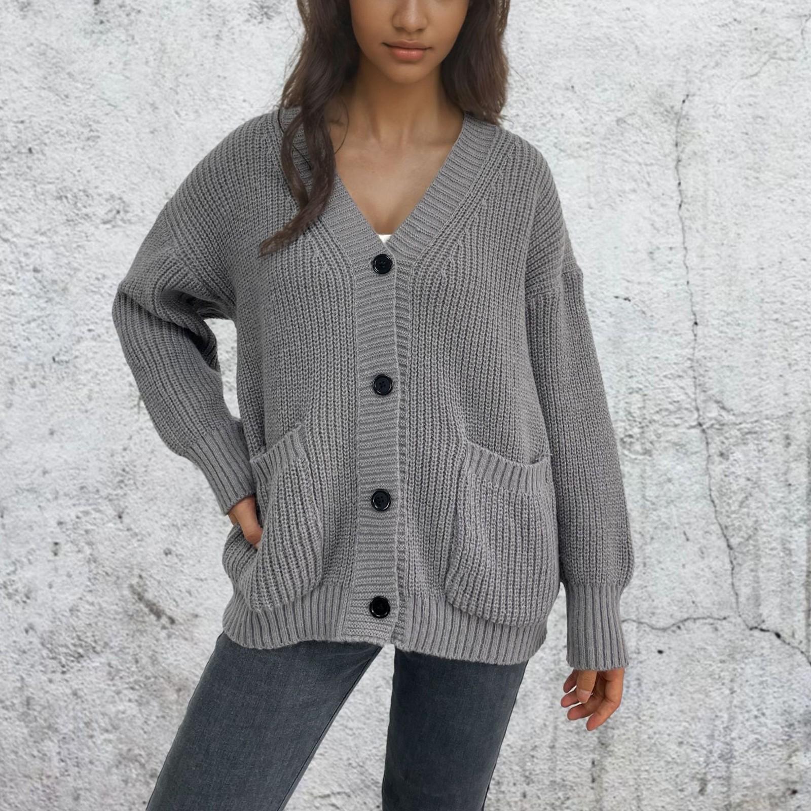 

Женская мода однотонный вязаный кардиган с карманами на пуговицах пальто свитер L