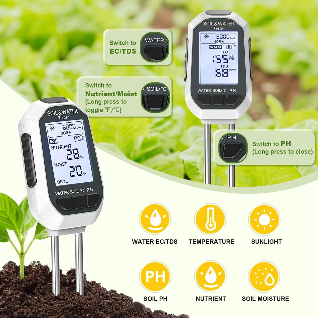 7-in-1 Soil & Water Meter Digital Plant Temperature/Soil Moisture/pH Meter/Light Intensity/Fertility/EC/TDS with Backlit LCD Display