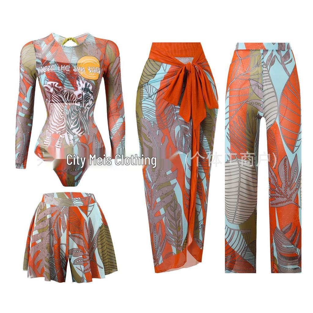 Women's Four-Piece Sun Protection Swimsuit Set with Long-Sleeved Top and Mesh Pants