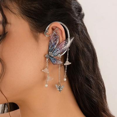 1 pièce de manchette d'oreille pour femme en forme de papillon, pompon à paillettes, fleur, lune, décoration d'oreille suspendue, style fée de la forêt, antidérapant, électroplaqué, pour cosplay, fête