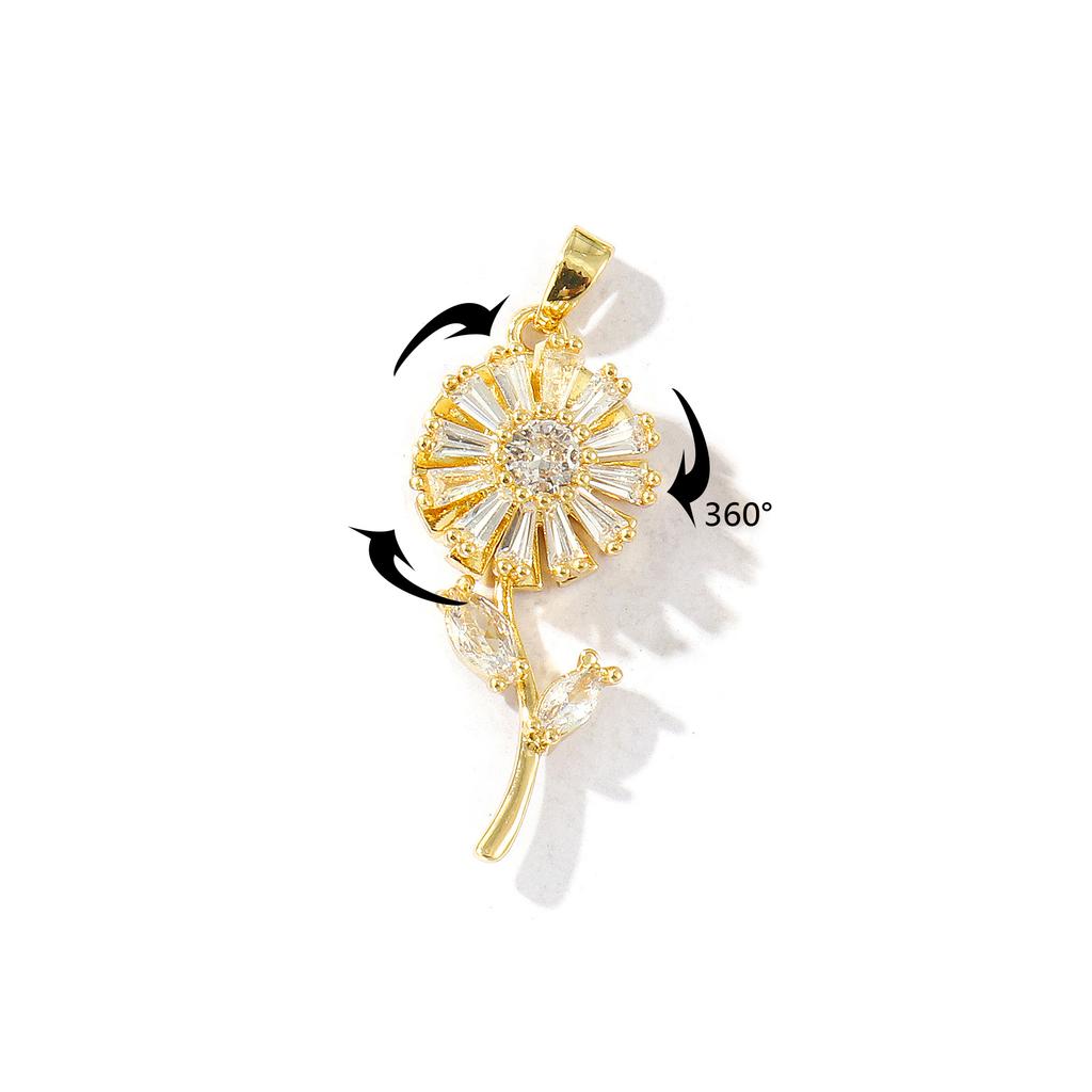 1 Piece Brass & Rhinestone Charms 18K Gold Plated Flower Rotatable Sunflower Daisy Pendants For DIY Necklace Jewelry Making