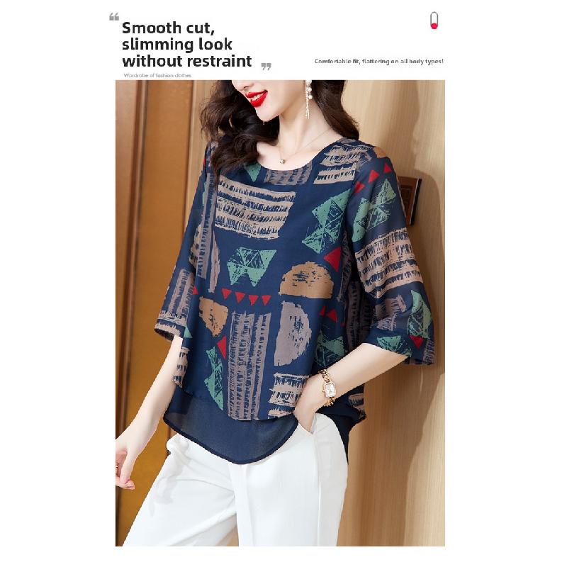 New Fashion Casual Short-sleeve Chiffon Blouse for Women, Summer Loose-fitting Pullover Plus-size Top