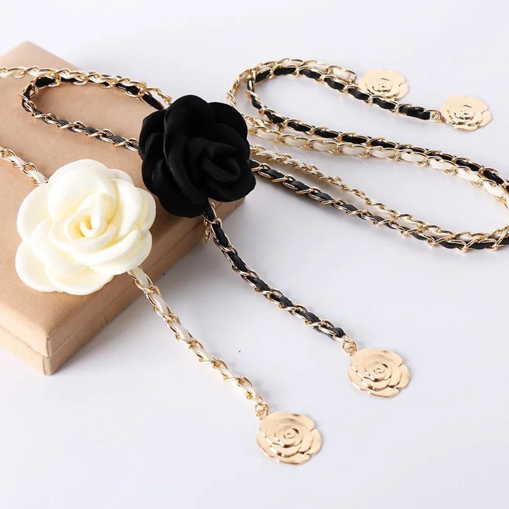 1PC Lady Camellia Waist Chain for Women High-end Black & White Flower Body Chains Jeans Dress Jewelry Decoration Wholesale