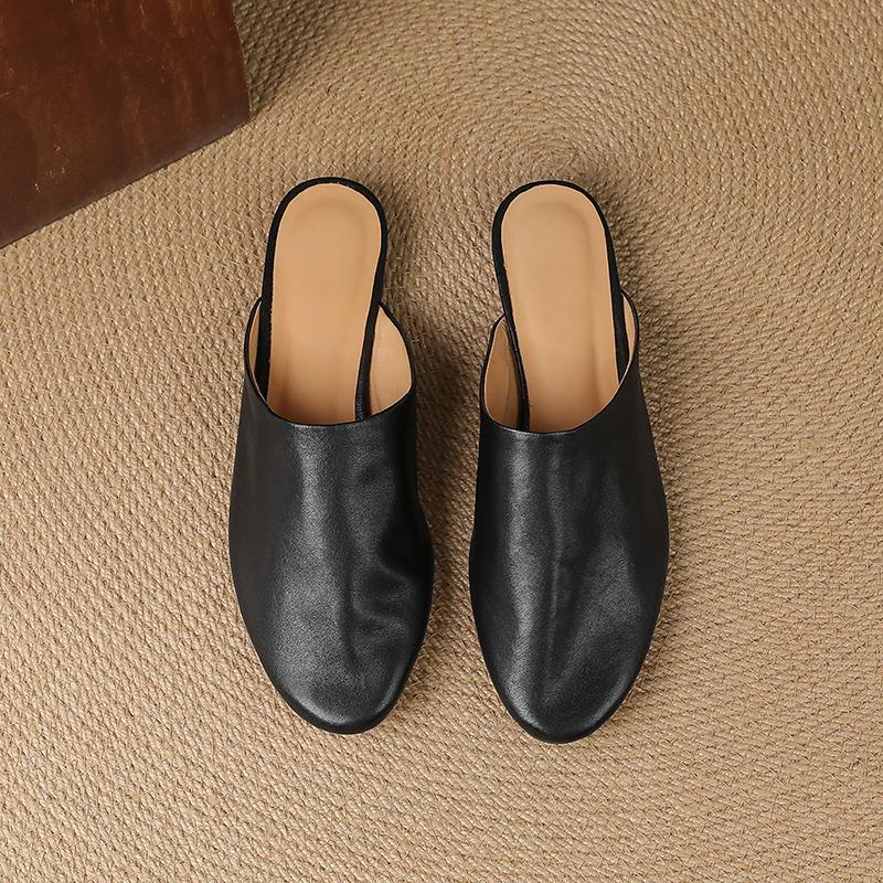 Fashion 2025 New Genuine Leather Low Heels Round Toe Slippers Women Natural Leather Casual Slippers Female Daily Walk Mules Slippers