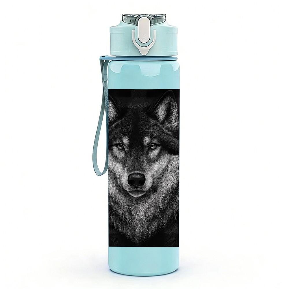 1PC Dark Wolf Head Realistic 750ml Color Plastic Sports Water Bottle Leakproof Flip Straw Lid Suitable for Sports Office Home Use