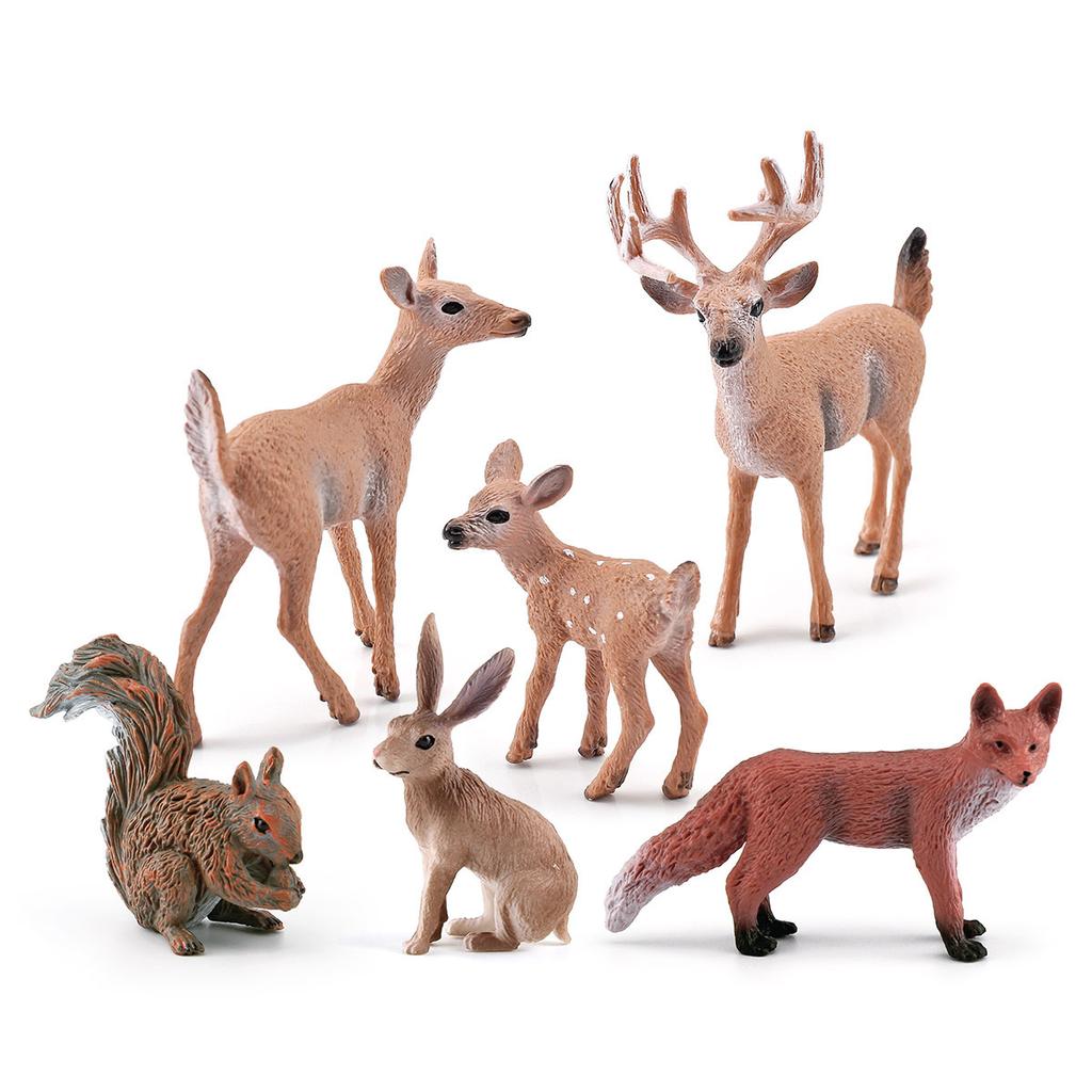 6 Simulated Forest Animals, Squirrel, Rabbit, White-Tailed Deer, Fox Model Static Ornament Toys