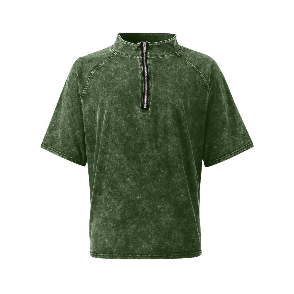 Men's Zipper Stand-up Collar Short-sleeved Distressed Washed Crewneck Casual Shirt